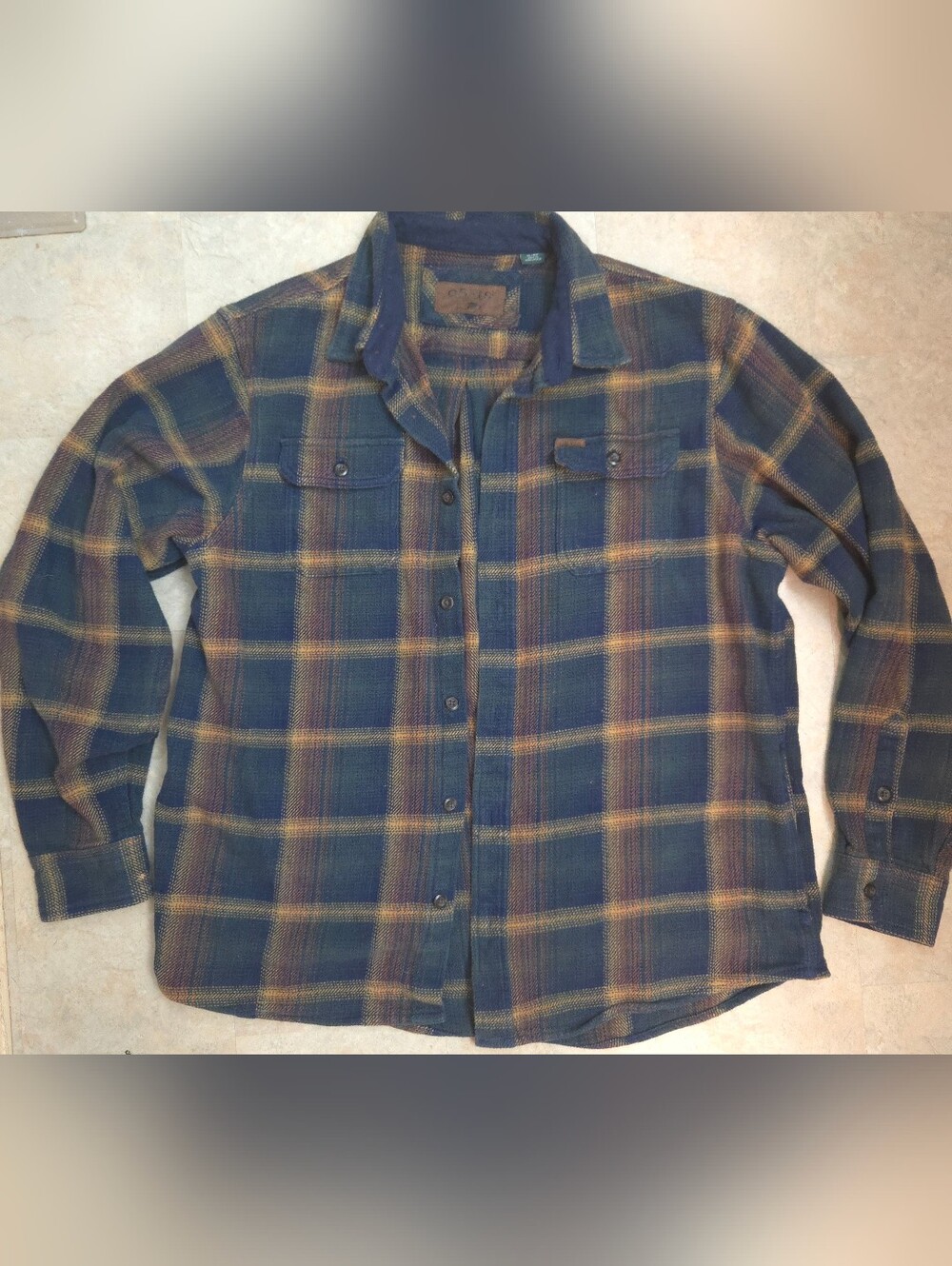 Orvis Men's Navy and Mustard Plaid Button-Down Cotton Flannel Shirt